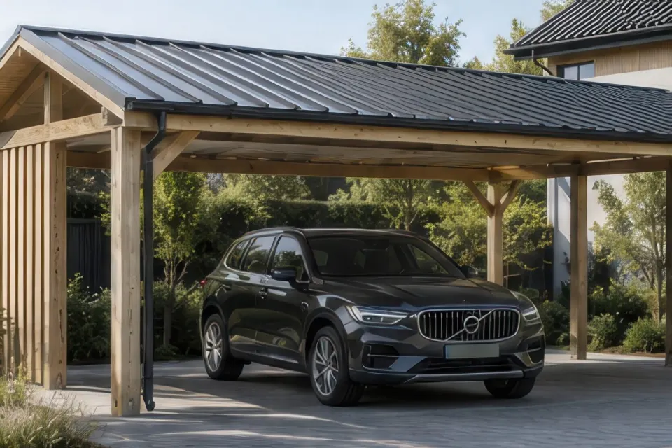 Carport aus Holz mit anthrazitfarbenem Blechdach, darunter ein geparktes Auto