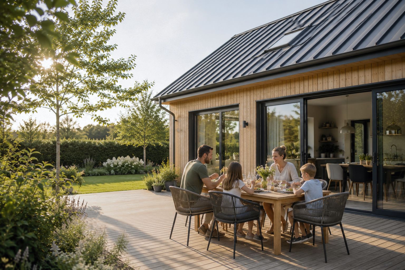 Familie beim Essen auf der Holzterrasse eines Hauses mit heller Holzfassade und anthrazitfarbenem Stehfalz-Blechdach