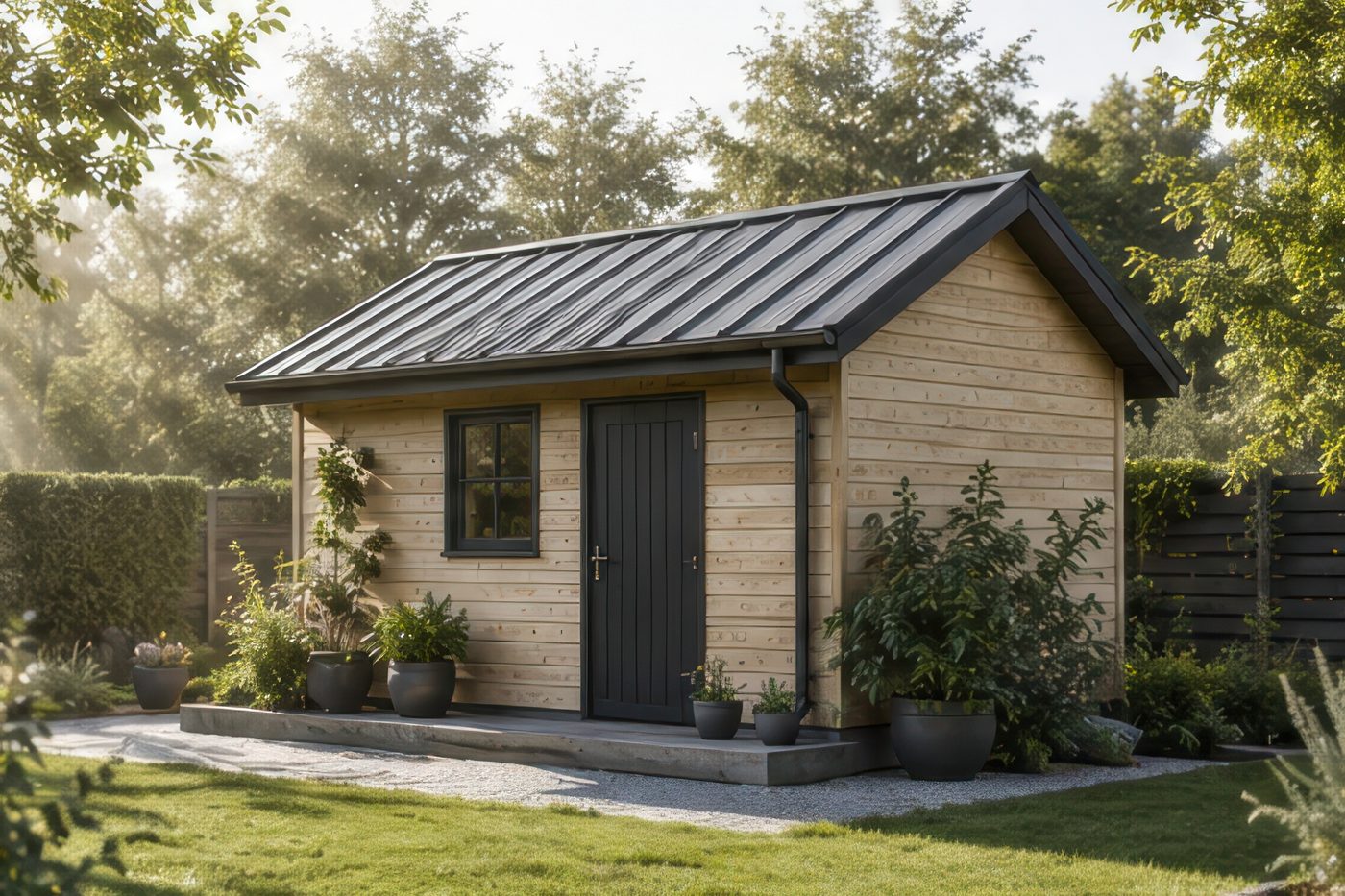 Gartenhaus aus Holz mit anthrazitfarbenem Satteldach aus Stehfalzblech im Morgenlicht