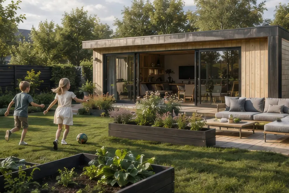 Gartenzimmer mit großer Holzterrasse und Loungemöbeln, davor spielende Kinder auf dem Rasen
