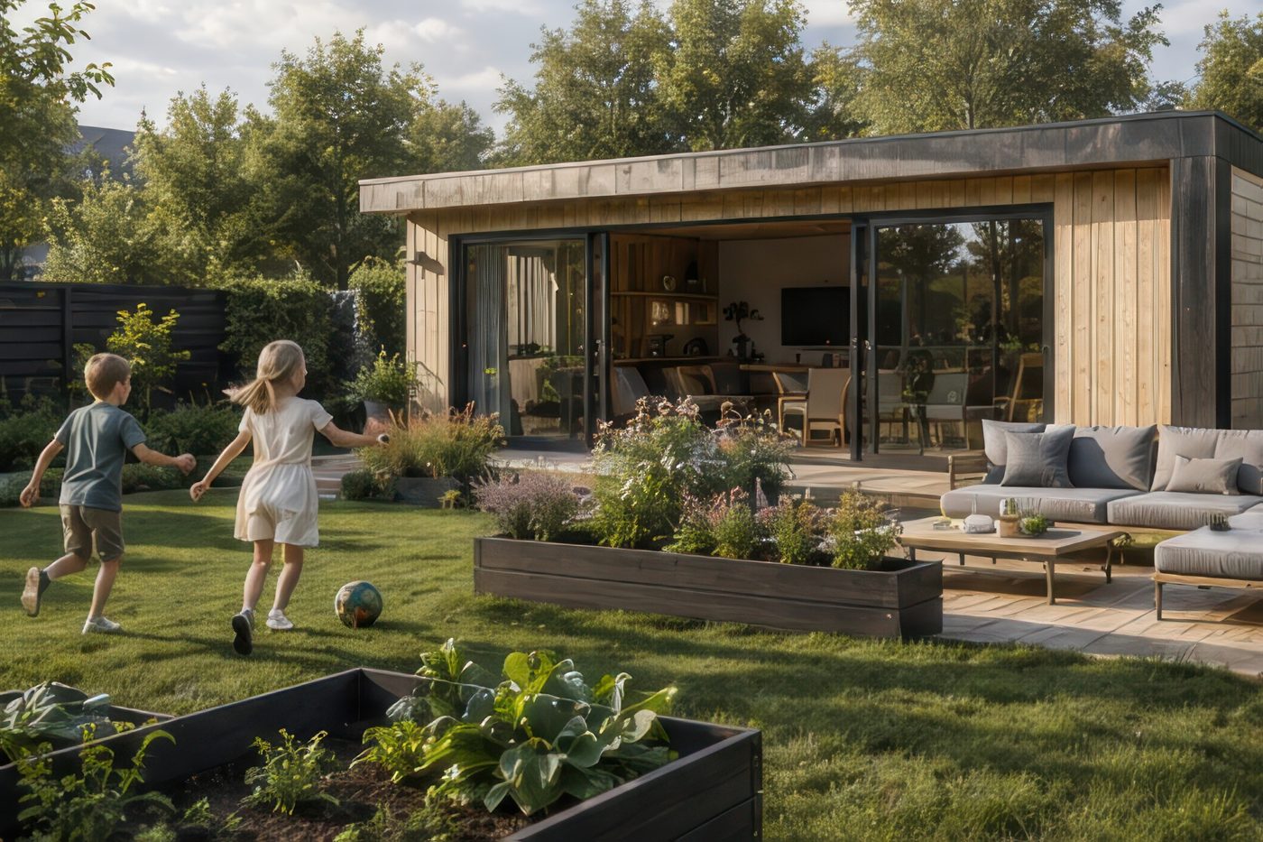 Gartenzimmer mit großer Holzterrasse und Loungemöbeln, davor spielende Kinder auf dem Rasen