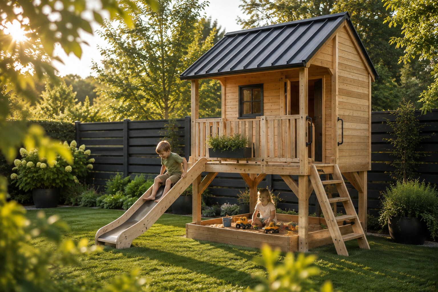 Kinderspielhaus aus Holz auf Stelzen mit Rutsche, Sandkasten und anthrazitfarbenem Blechdach im Garten