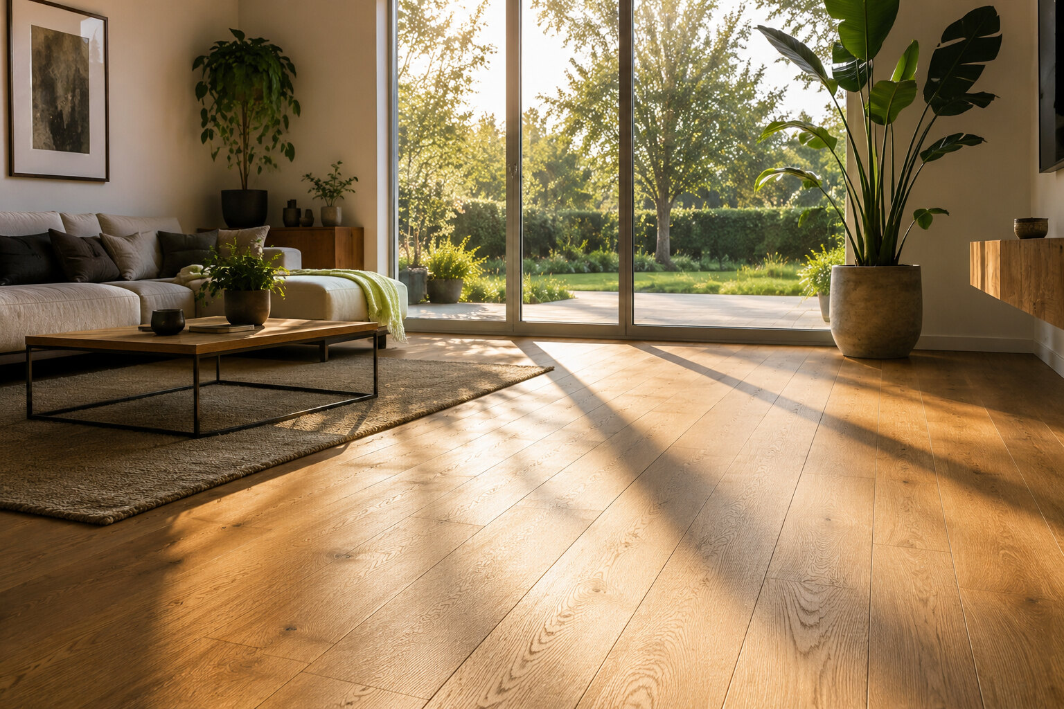 Helles Wohnzimmer mit Eichenparkett in Landhausdielen-Optik und Blick durch bodentiefe Fenster in den grünen Garten