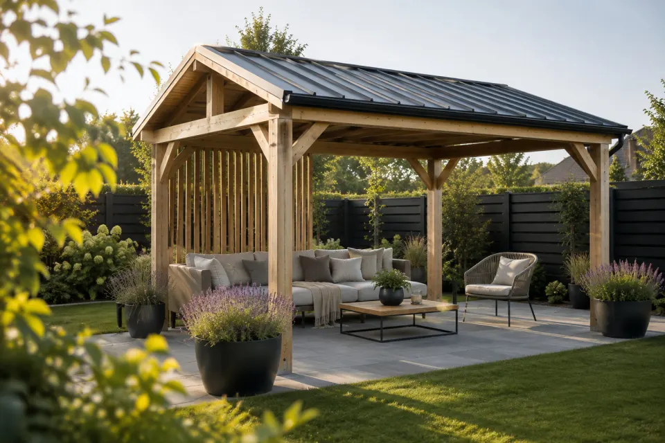Holzpavillon mit anthrazitfarbenem Blechdach über einer Sitzgruppe auf einer Steinterrasse im Garten