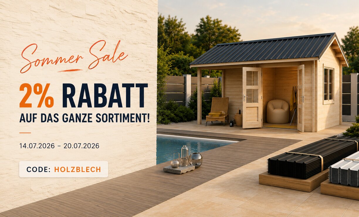 Sommersale bei Holz-Blech: mit Code HOLZBLECH 2 % Rabatt auf das ganze Sortiment sichern – gültig vom 14.07.2026 bis 20.07.2026
